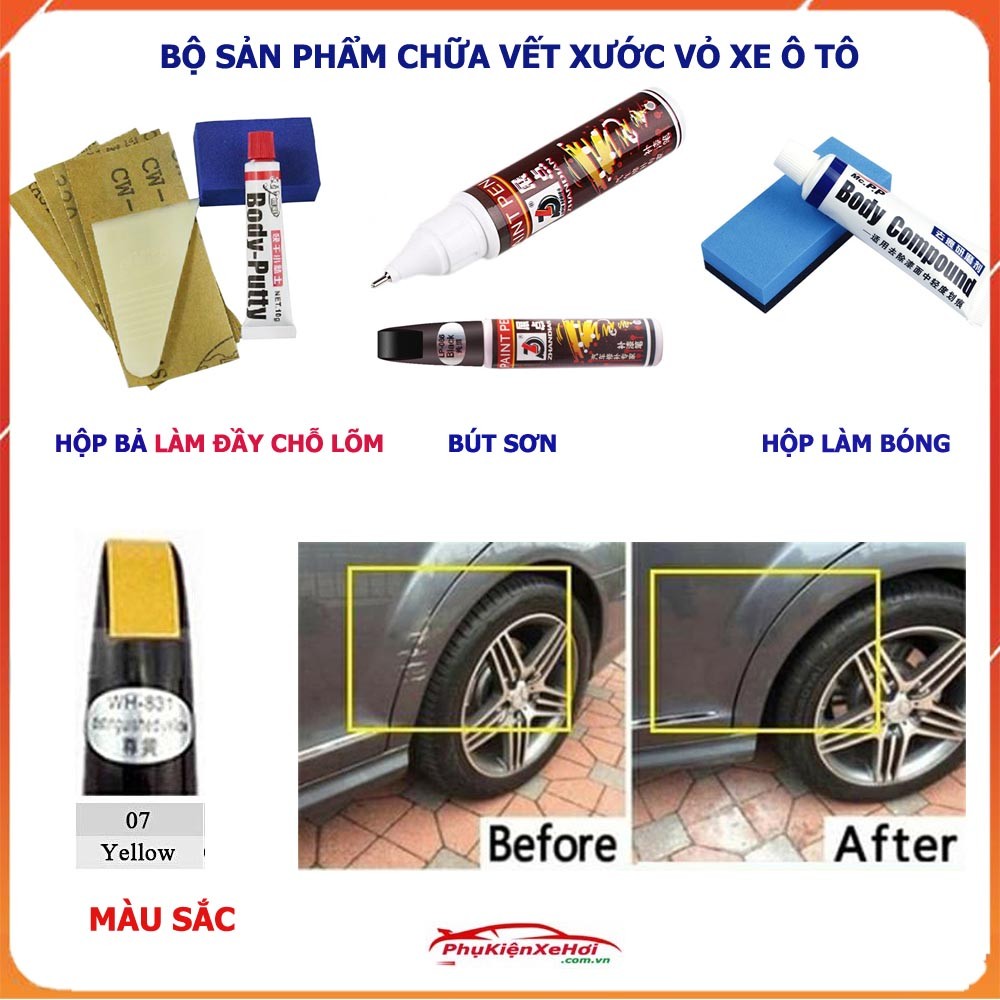 Bộ sản phẩm sửa chữa vết xước sơn ô tô tại nhà bao gồm bút sơn, bả vá và kem làm bóng