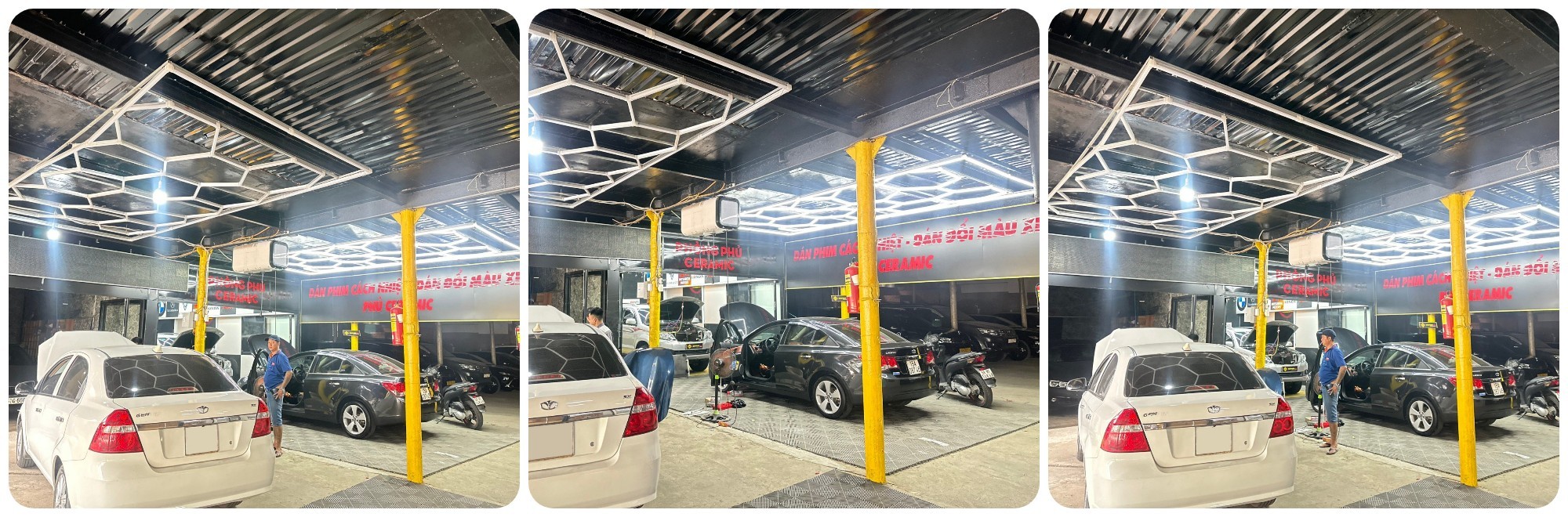 Kỹ thuật viên chuyên nghiệp đang thi công dán decal xe ô tô Vinfast