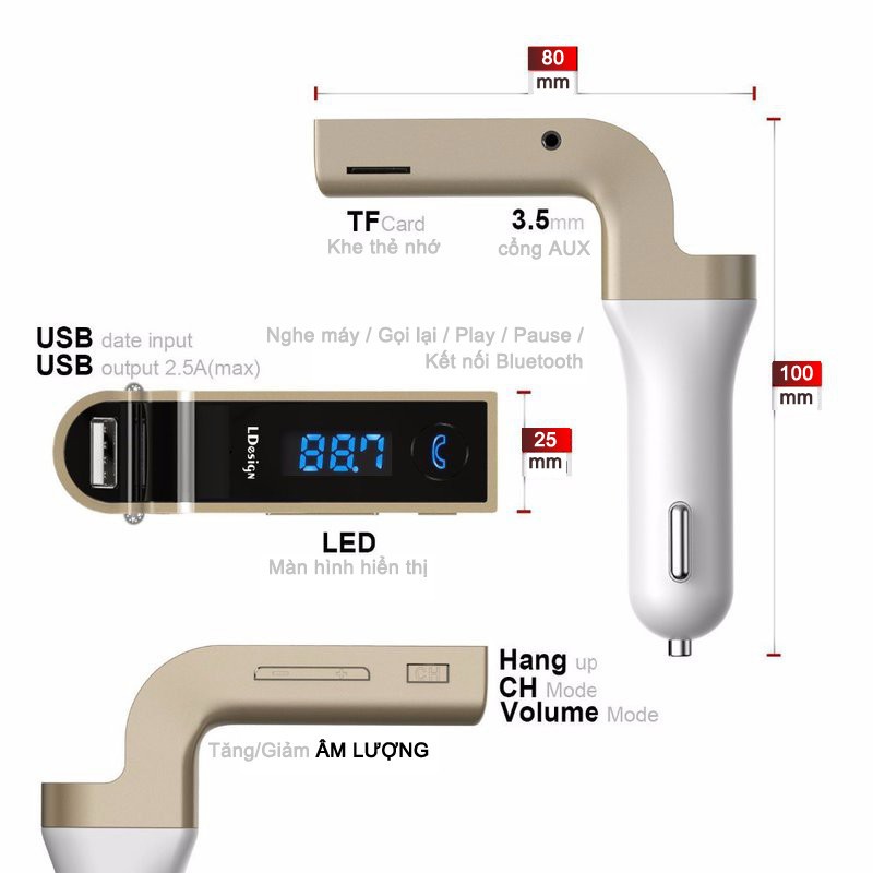 Tẩu sạc nghe nhạc G7 mặt bên với các nút điều chỉnh tần số