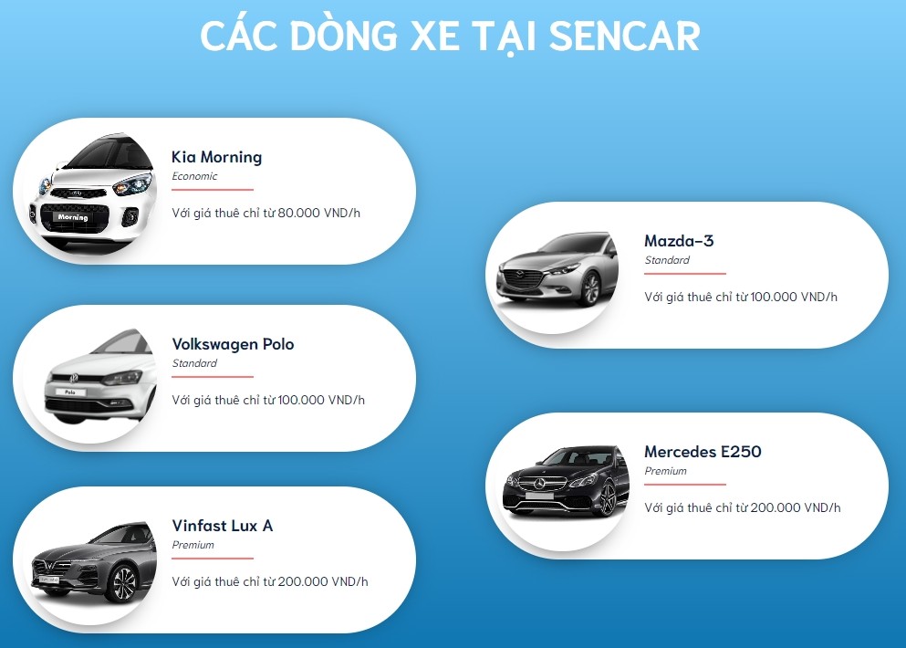 Các mẫu xe ô tô đa dạng được cung cấp bởi Sencar, phục vụ nhu cầu thuê xe tự lái theo giờ