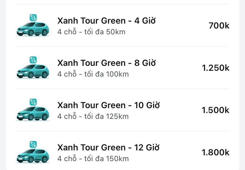 Các gói dịch vụ Xanh Tour của GSM dành cho khách du lịch, minh họa sự đa dạng của thị trường cho thuê xe