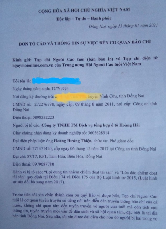 Ảnh đơn tố cáo vụ xe ô tô bị mất khi cho thuê tại Đồng Nai