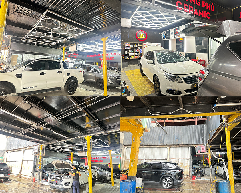 Hình ảnh một cửa hàng hoặc trung tâm chăm sóc xe hơi, với nhiều phụ kiện và dịch vụ