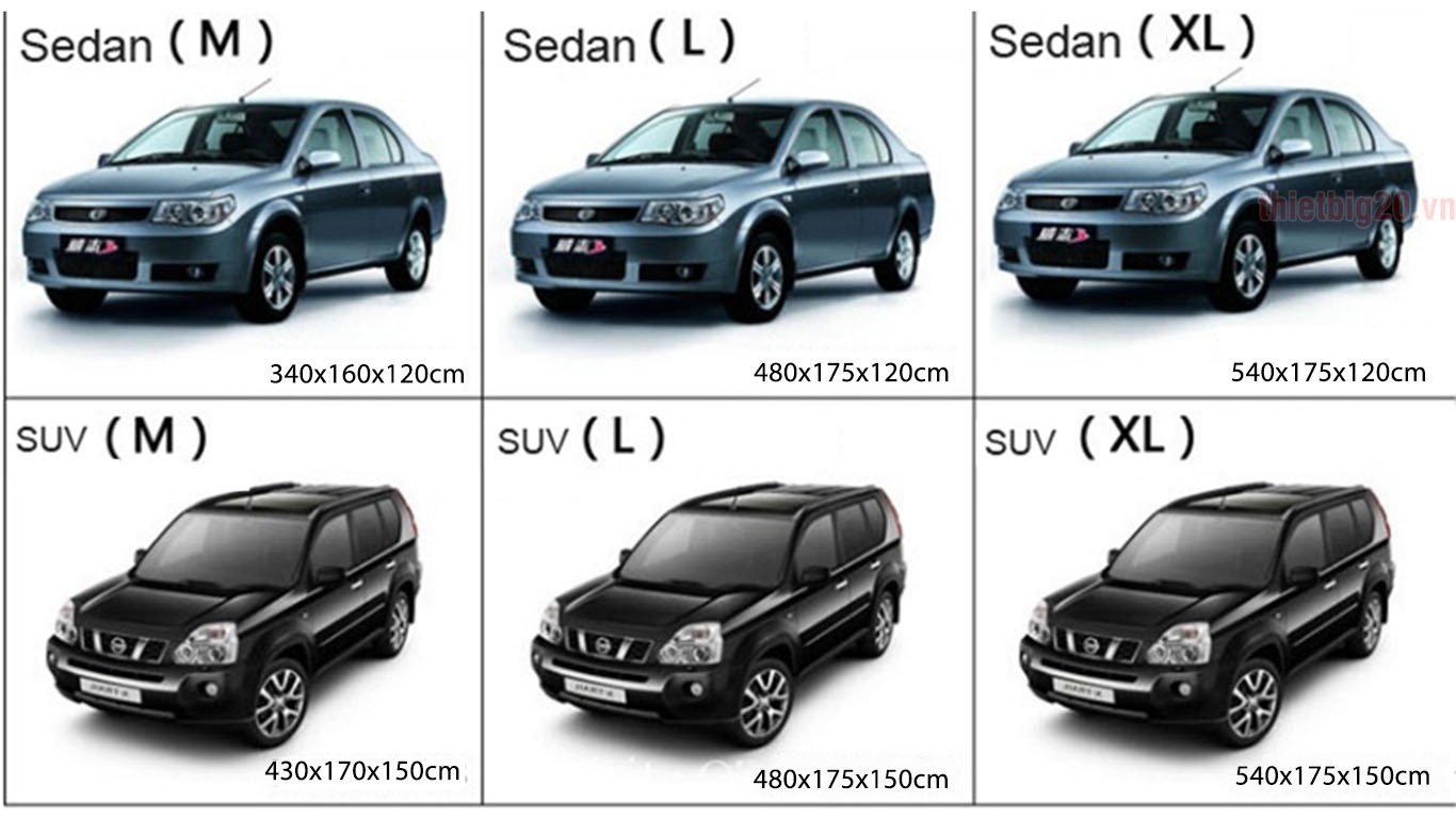 Bảng hướng dẫn lựa chọn kích thước bạt phủ xe ô tô tráng bạc theo dòng xe