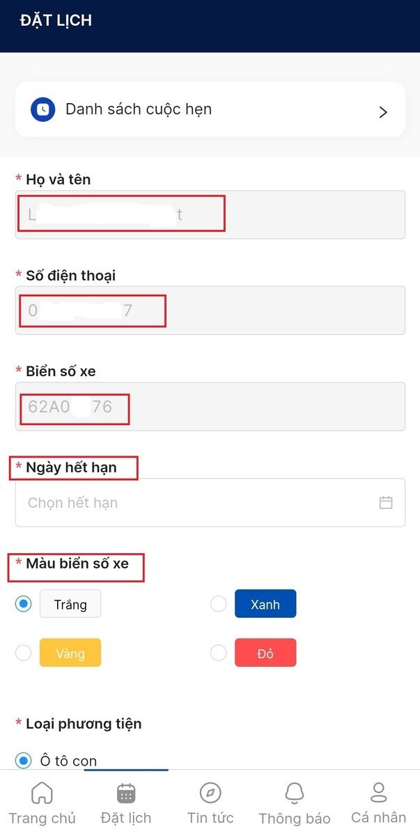 Kiểm tra thông tin và chọn ngày giờ để đăng ký đăng kiểm xe ô tô