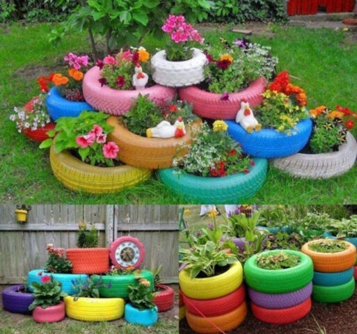 Chiếc lốp xe ô tô được tái chế thành một chiếc giỏ đựng đồ hoặc nhà cho thú cưng, với phần bên trong được sơn màu trắng