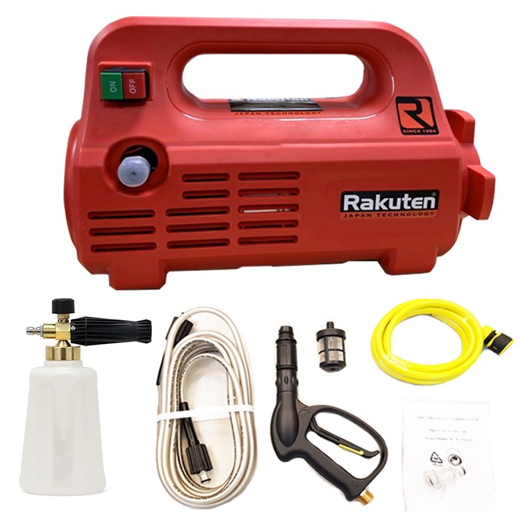 Bơm rửa xe tăng áp Rakuten 2300W kèm bình bọt tuyết, chuyên dụng cho xe ô tô mini giá rẻ.