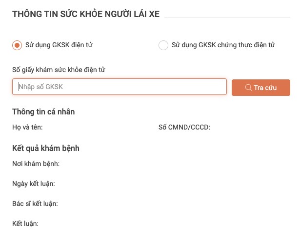 Mục nhập số giấy khám sức khỏe điện tử trên cổng dịch vụ công cho đơn đổi giấy phép lái xe ô tô.