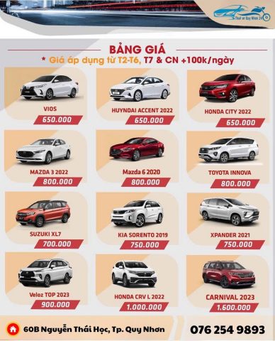 Bảng giá dịch vụ thuê xe ô tô tự lái du lịch Hùng Hưng, thể hiện cam kết minh bạch về chi phí và đa dạng lựa chọn xe cho khách hàng