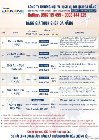 Bảng giá tham khảo các dịch vụ tour du lịch Đà Nẵng và Núi Thần Tài