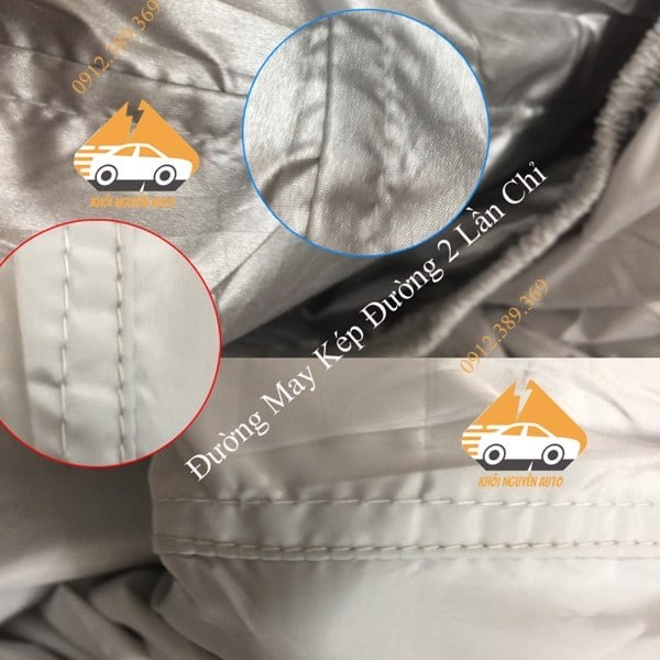 Đường may kép chắc chắn trên bạt phủ xe ô tô 5 chỗ, tăng cường độ bền và khả năng chống rách