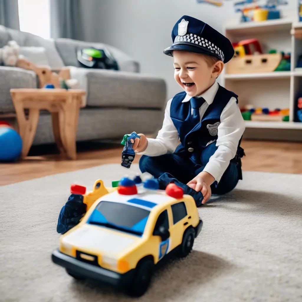 Bé trai đang vui vẻ chơi với đồ chơi hoạt hình xe ô tô cảnh sát