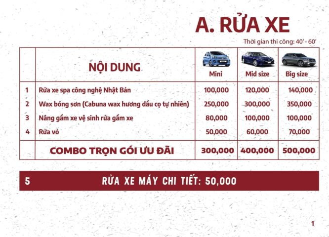Bảng giá rửa xe ô tô tiêu chuẩn tại Giải Phóng Hà Nội