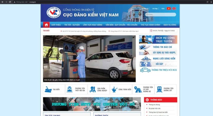 Giao diện trang chủ Cục Đăng kiểm Việt Nam để tra cứu hóa đơn đăng kiểm xe ô tô