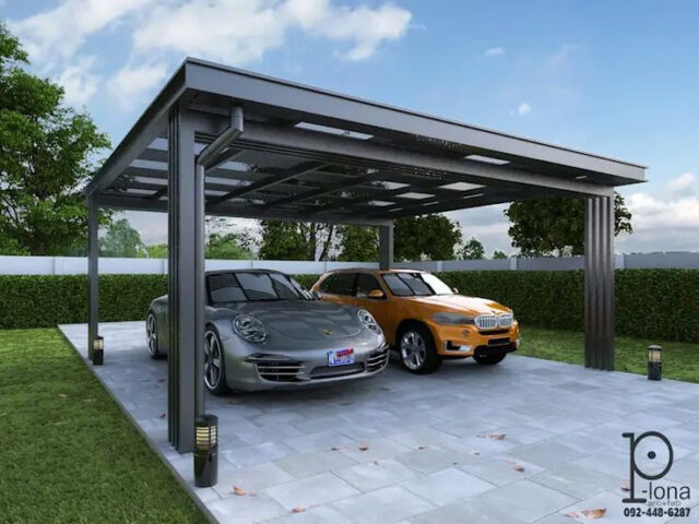 Mẫu nhà để xe ô tô với kết cấu cột sắt vững chắc và mái tôn màu xanh lá cây bền bỉ.