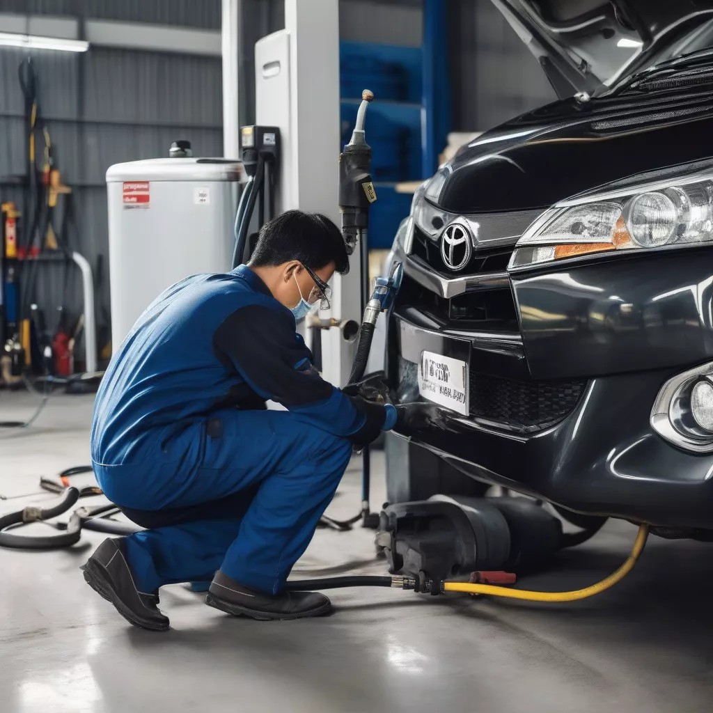 Kỹ thuật viên đang bơm khí nitơ vào lốp xe ô tô Innova tại gara chuyên nghiệp