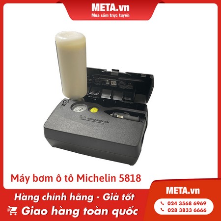 Máy bơm ô tô Michelin 5818 tích hợp bộ vá lốp khẩn cấp 12V, tiện lợi cho mọi chuyến đi.