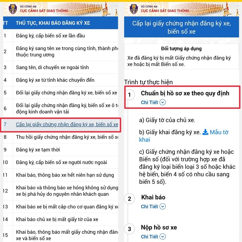 Màn hình điện thoại hiển thị mục cấp lại giấy chứng nhận đăng ký xe và biển số xe, hướng dẫn chuẩn bị hồ sơ