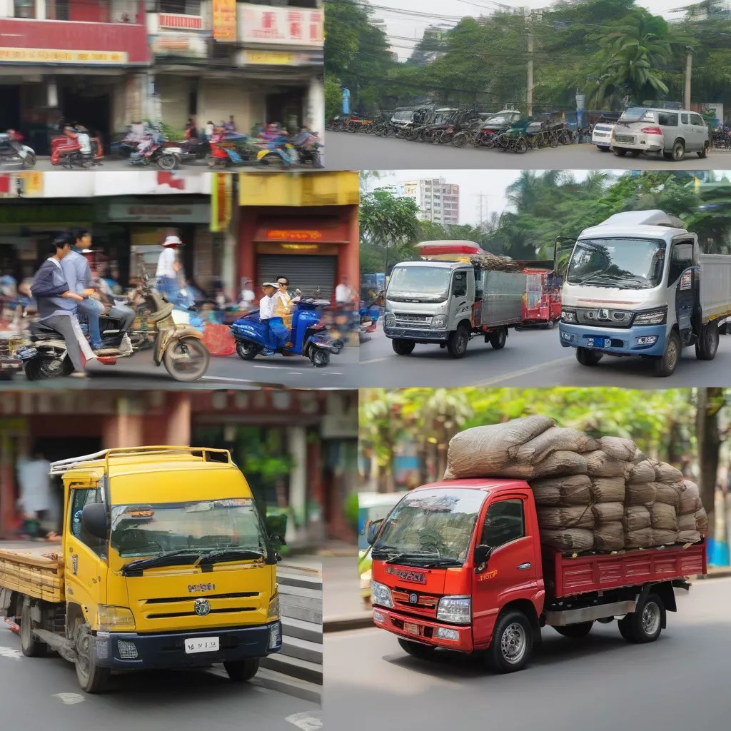 Đa dạng các loại phương tiện vận tải và ô tô, thể hiện sự khác biệt về công nghệ tiếng mở khóa xe ô tô giữa các dòng xe.