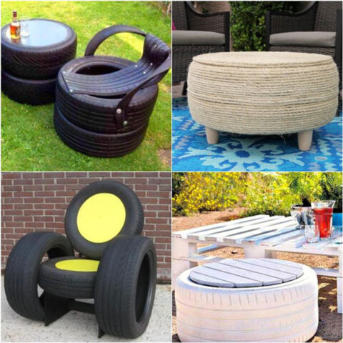 Người đàn ông đang dùng máy cưa lọng để cắt một chiếc lốp xe ô tô cũ, chuẩn bị cho việc tái chế