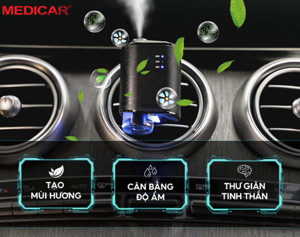 Bộ sản phẩm máy xông tinh dầu và tinh dầu thiên nhiên Medicar giúp khử mùi nôn trên xe ô tô hiệu quả