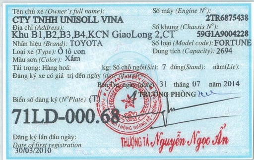 Các thông tin chi tiết về chủ sở hữu và phương tiện trên cà vẹt xe ô tô