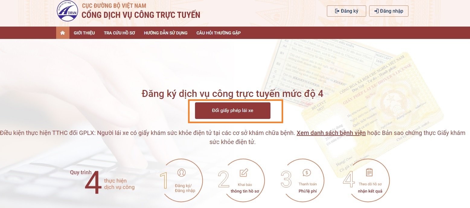 Lựa chọn dịch vụ đổi Giấy phép lái xe trên cổng dịch vụ công của Tổng cục Đường bộ Việt Nam
