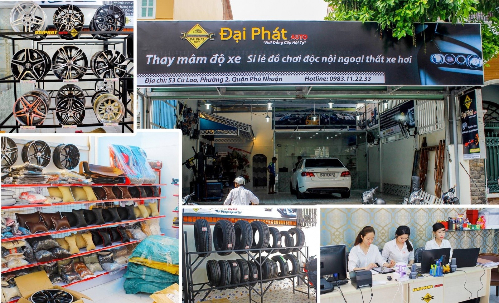 Thợ độ xe ô tô đang thực hiện nâng cấp mâm lốp tại garage