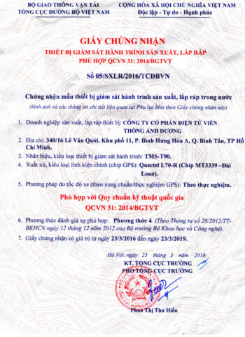 Giấy chứng nhận hợp chuẩn T90 cho thiết bị hộp đen định vị Ánh Dương ADSUN thiết bị TMS T90