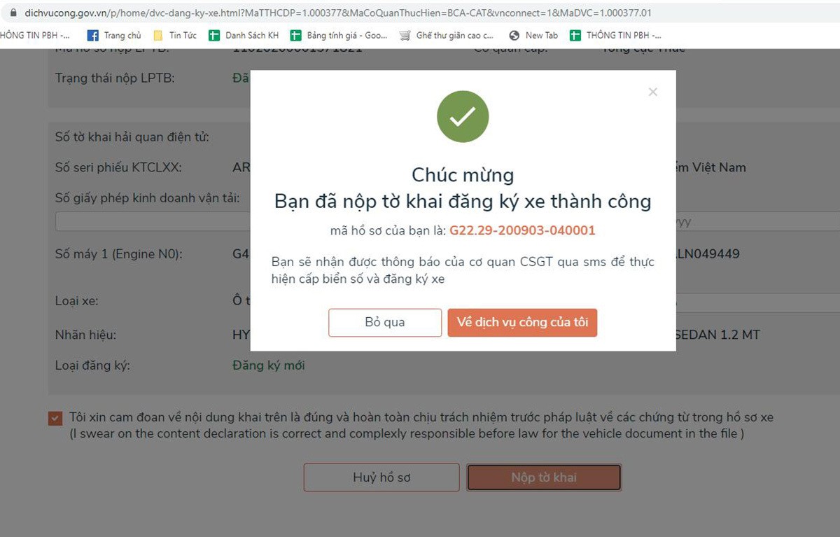 Giao diện đăng ký xe ô tô trực tuyến trên Cổng Dịch vụ công Quốc gia