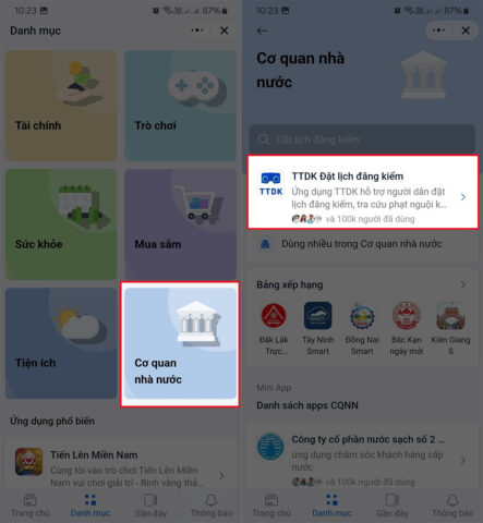 Chọn mục TTDK đặt lịch đăng kiểm xe ô tô trong Mini App Zalo