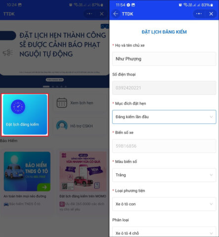 Nhập thông tin xe và thời gian đặt lịch đăng kiểm xe ô tô trên Zalo