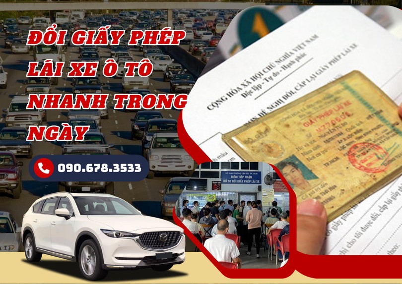 Thẻ giấy phép lái xe ô tô PET và biểu tượng tốc độ tượng trưng cho quy trình đổi nhanh chóng.