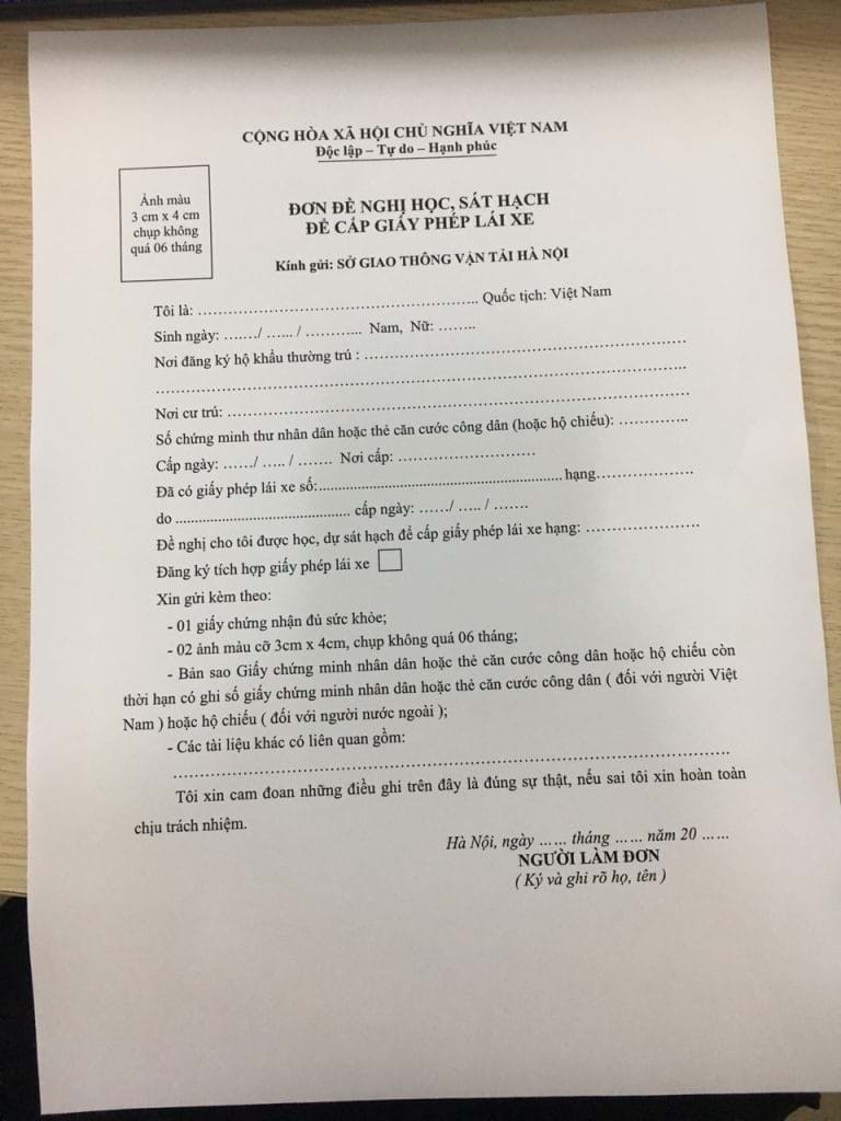 Đơn đề nghị thi giấy phép lái xe hạng B1