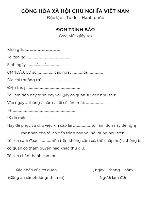 Mẫu đơn trình báo khi mất giấy đăng ký xe ô tô giúp chủ xe hoàn tất thủ tục.
