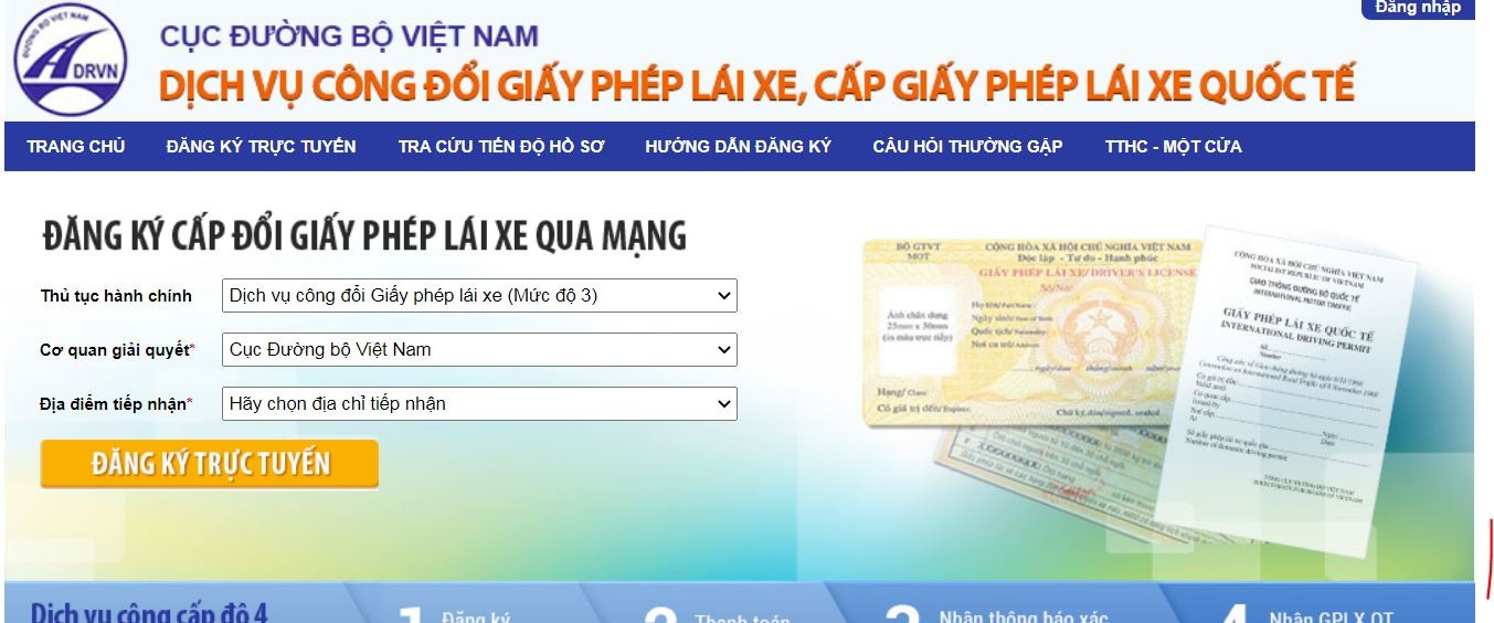 Giao diện đăng ký đổi bằng lái xe ô tô hết hạn trực tuyến qua cổng dịch vụ công