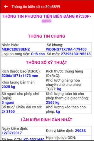 Kết quả chi tiết thông tin xe ô tô hiển thị sau khi tra cứu số máy xe ô tô thành công