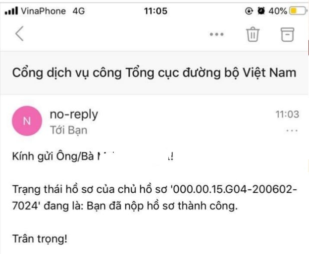Thông báo qua email về trạng thái hồ sơ đổi bằng lái xe B2 online