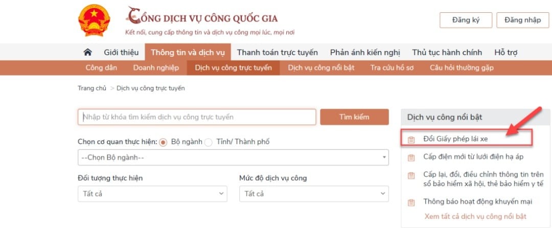 Lựa chọn dịch vụ đổi Giấy phép lái xe trên Cổng Dịch vụ công Quốc gia