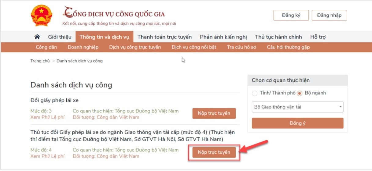 Nút nộp hồ sơ trực tuyến sau khi chọn cơ quan thực hiện