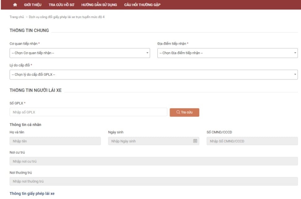 Giao diện khai báo thông tin hồ sơ và đính kèm tài liệu cho thủ tục đổi bằng lái xe B2 online