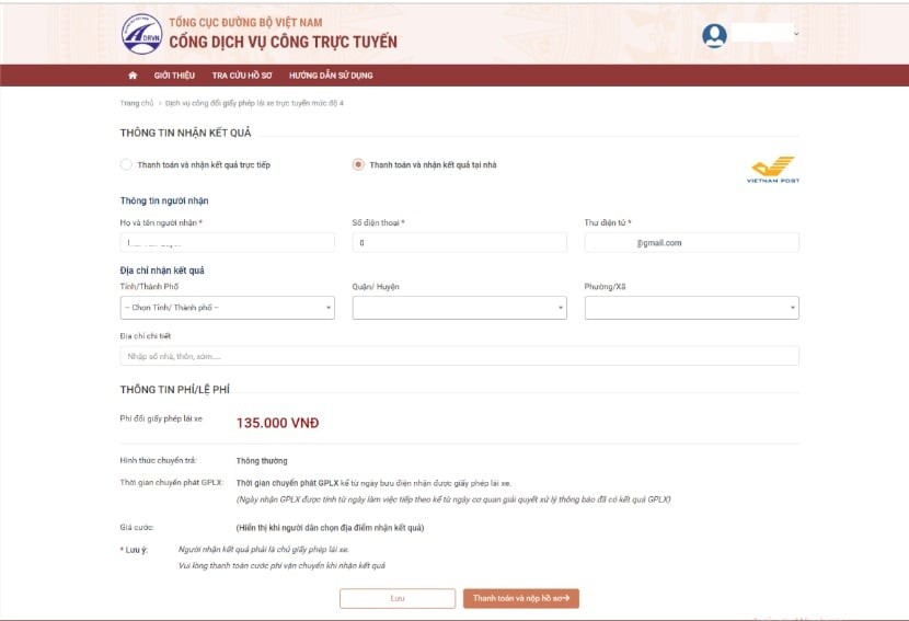 Lựa chọn hình thức nhận kết quả và thanh toán lệ phí khi đổi bằng lái xe ô tô B2 online