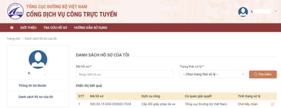 Xem danh sách hồ sơ đã nộp trong mục thông tin cá nhân trên Cổng Dịch vụ công Quốc gia