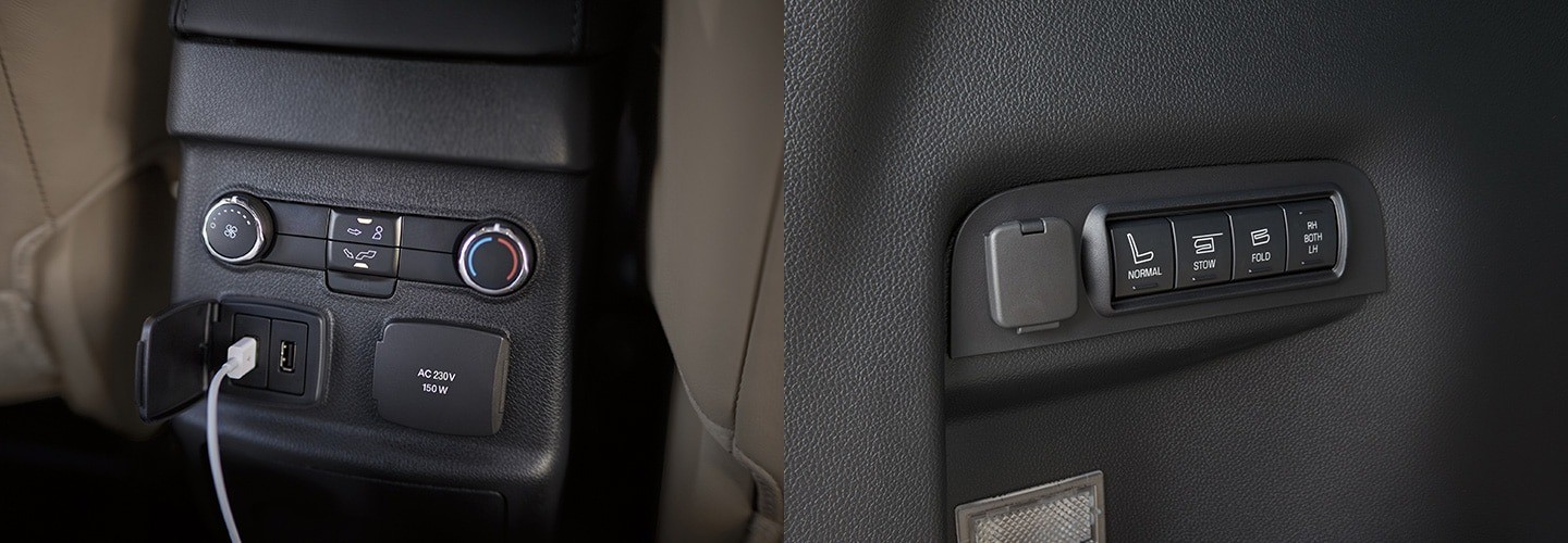 Cổng sạc USB thông minh trên xe ô tô Ford Limited, cung cấp khả năng sạc nhanh cho các thiết bị di động trong xe.