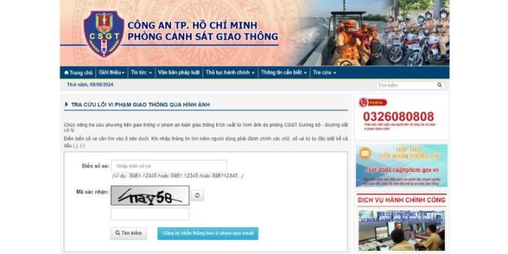Giao diện Cổng thông tin Cảnh sát Giao thông TPHCM để tra cứu phạt nguội xe ô tô