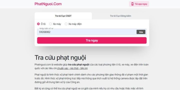 Giao diện Phatnguoi.com cho phép tra cứu phạt nguội xe ô tô TPHCM bằng biển số xe