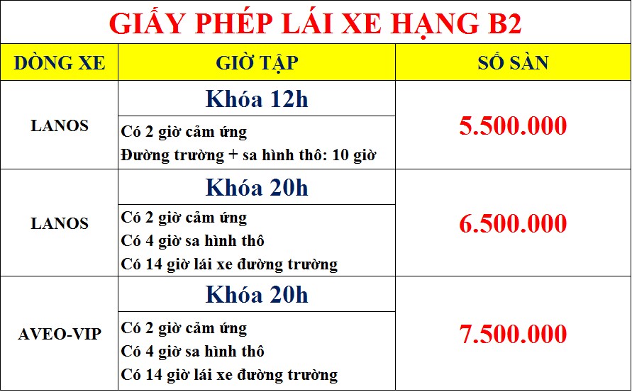 Bảng lệ phí và các gói học lái xe ô tô ở Bến Lức hạng B2 chi tiết