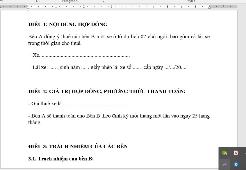 Thông tin chi tiết về xe ô tô cần có trong hợp đồng lái xe ô tô