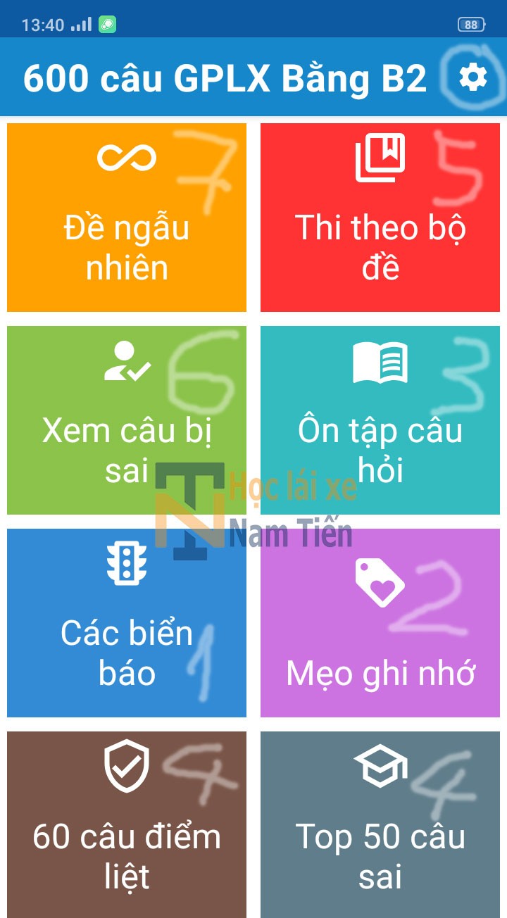 Giao diện hướng dẫn ôn luyện trên phần mềm lý thuyết học lái xe ô tô