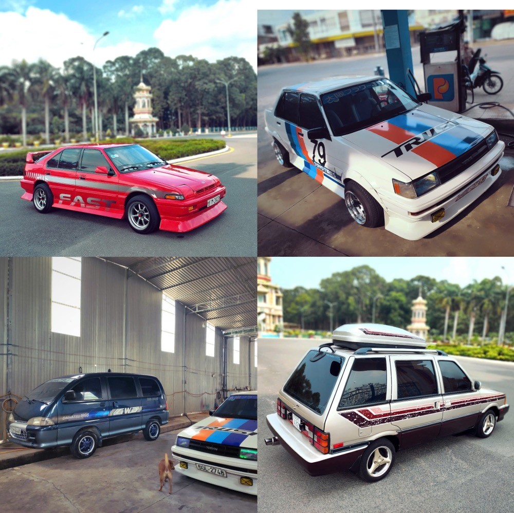 Bộ sưu tập các mẫu xe JDM cổ điển đã được độ xe ô tô cổ với phong cách riêng biệt, bao gồm Honda Integra và Toyota Corolla.